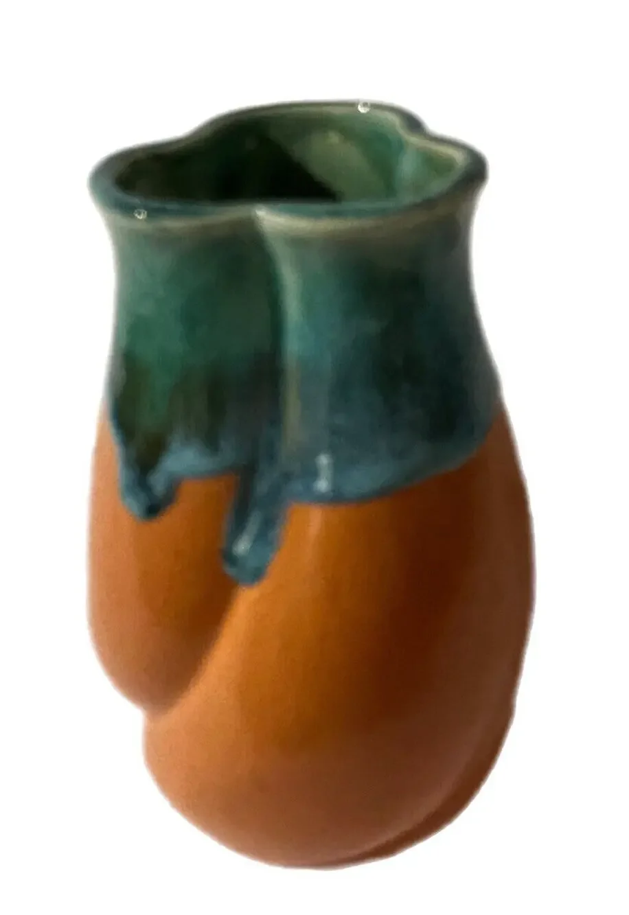 Vintage Pottery Vase 3 Swirls Orange & Green Teal Glaze - Japan